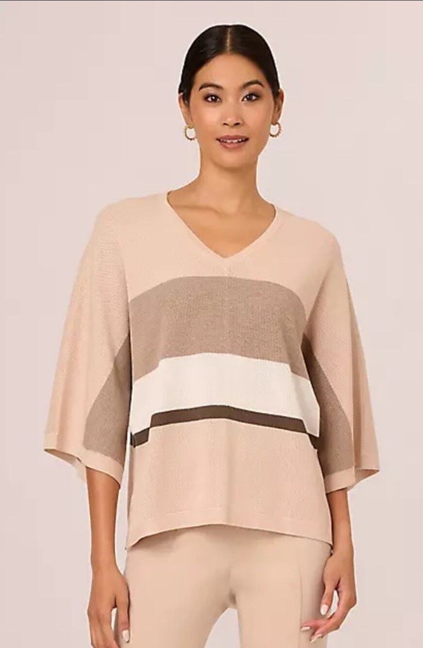 Adrianna Papell V-Neck Colorblock Pullover Sweater Seedstitch Size L Dolman
